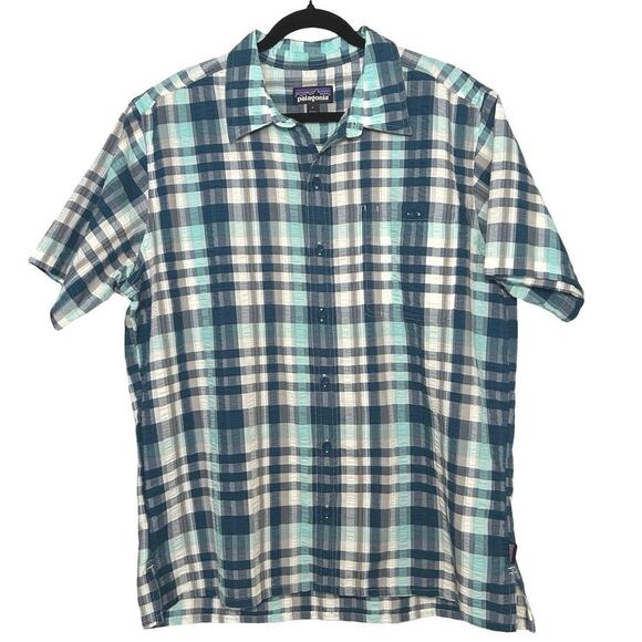 Patagonia Men’s Puckerware Short Sleeve Button Down Big Sur Blue Size Large - Picture 1 of 6